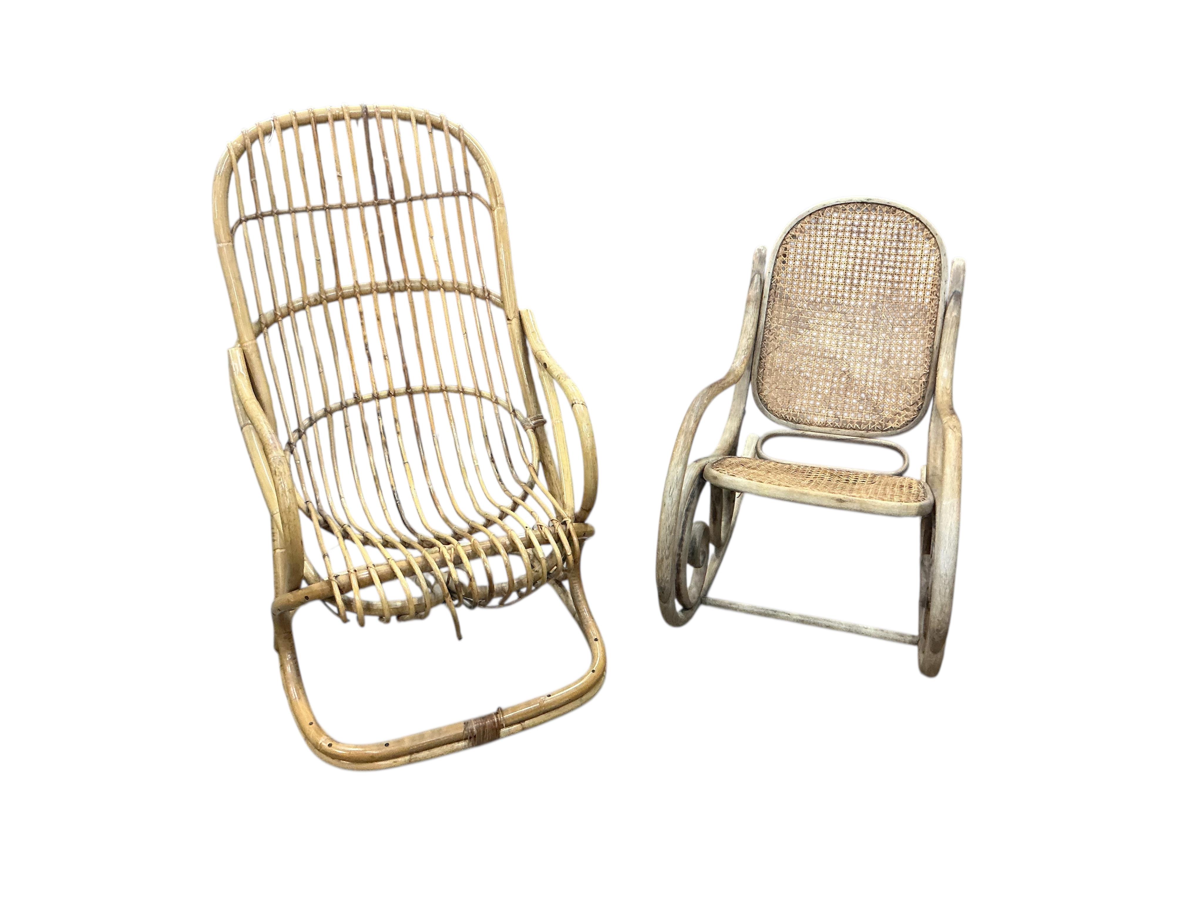 In the style of Tito Agnoli: A bamboo armchair and a bentwood rocking chair, larger width 62cm, depth 63cm, height 108cm